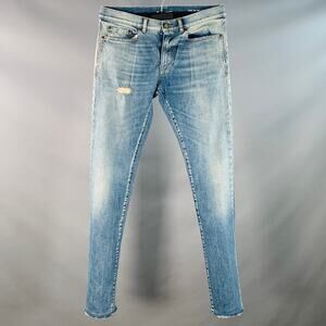 SAINT LAURENT Size 30 Blue Distressed Cotton Blend Twill Slim Tapered Jeans